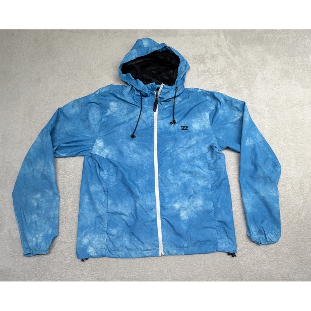 Billabong Men's Small Cloud Wash Blue Tie Dye Hooded Windbreaker Jacket Ocean